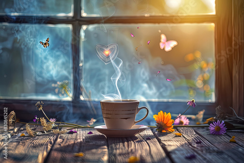 Close-up of coffee cup on wooden table, in old house photo