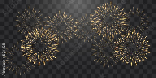 Festive fireworks with brightly shining sparks. New Year's Eve fireworks. Realistic sparks and explosions. Colorful pyrotechnics show. Vector isolated on png background.