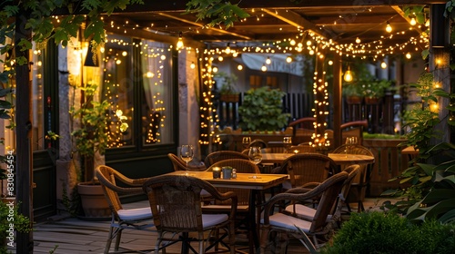 Romantic restaurant patio with fairy lights and cozy summer evening ambiance © Pascal