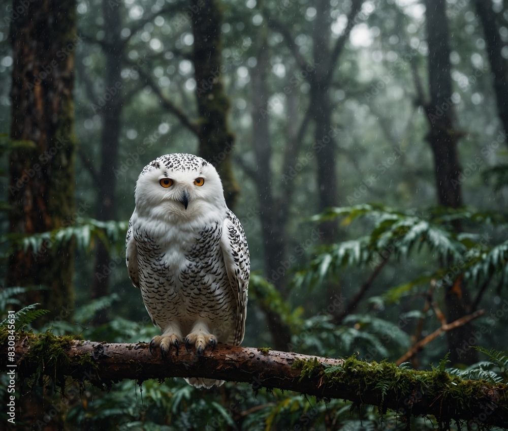 Fototapeta premium Sparrow, Eagle, Hawk, Owl, Pigeon, Crow, Robin, Parrot, Penguin, Flamingo, Swan, Hummingbird, Peacock, Woodpecker, Seagull, Toucan, Canary, Finch, Peli sitting on a branch in the natural green forest