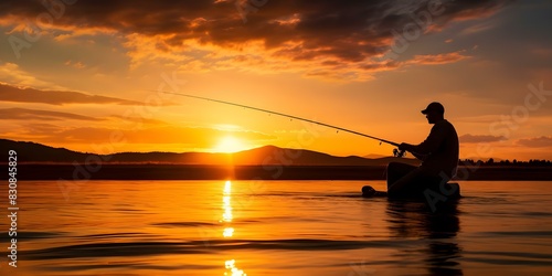 Fishing man silhouetted against sunset sky. Concept Fishing, Silhouette, Sunset, Outdoors, Sky