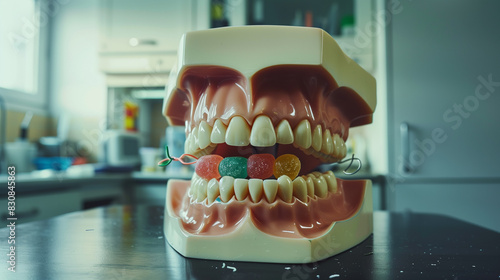A teeth mold with candies in the jaws