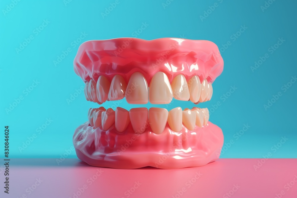 Obraz premium Closeup photo of dentures on colorful background.