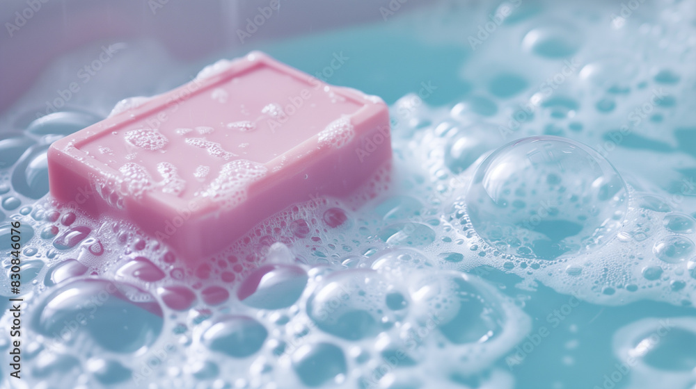 A bar of pink soap in the water with bubbles A bar of pink soap in the water with bubbles