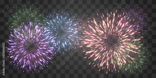 Festive fireworks with brightly shining sparks. New Year's Eve fireworks. Realistic sparks and explosions. Colorful pyrotechnics show. Vector isolated on png background.