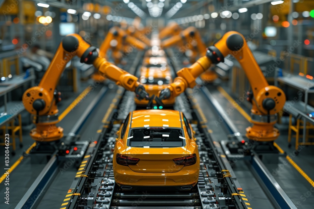 Yellow car on conveyor belt in factory