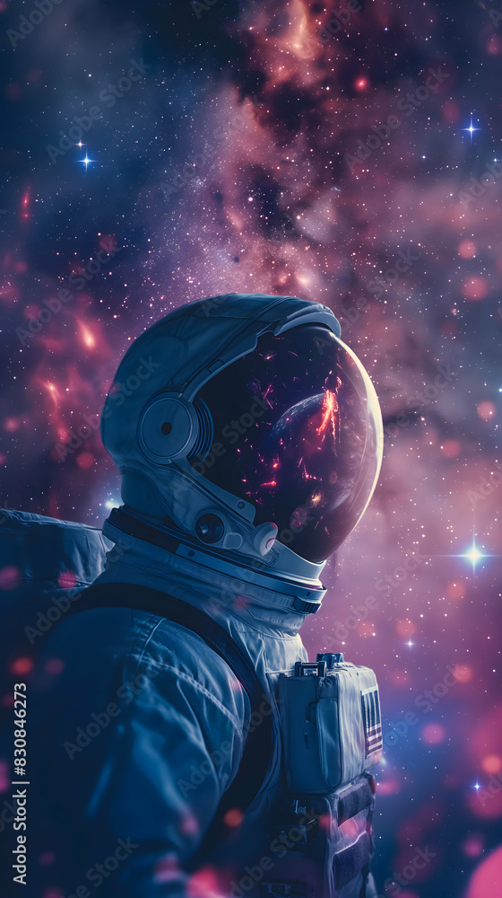 Astronaut in helmet on background of stars and galaxies in outer space Astronaut in helmet on background of stars and galaxies in outer space