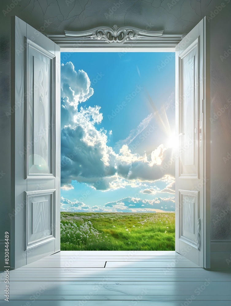 Obraz premium Open Doorway to Serene Sky, Symbolizing Hope and New Horizons 