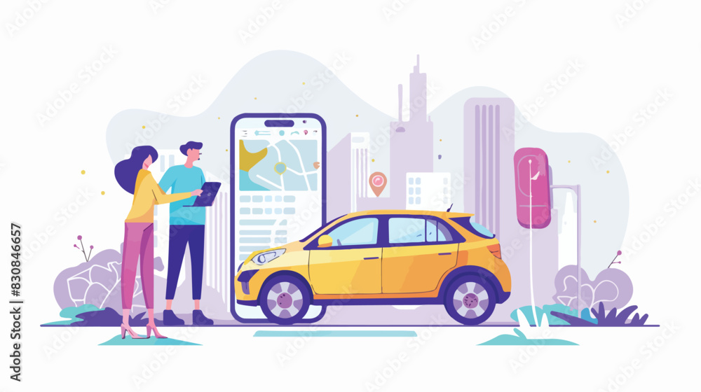 Car sharing poster. Man and woman with smartphones or