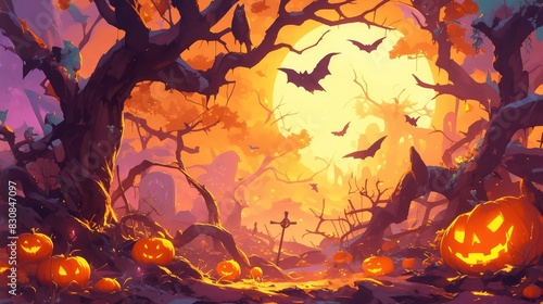 Illustration of a spooky Halloween scene complete with adorable bats flying around