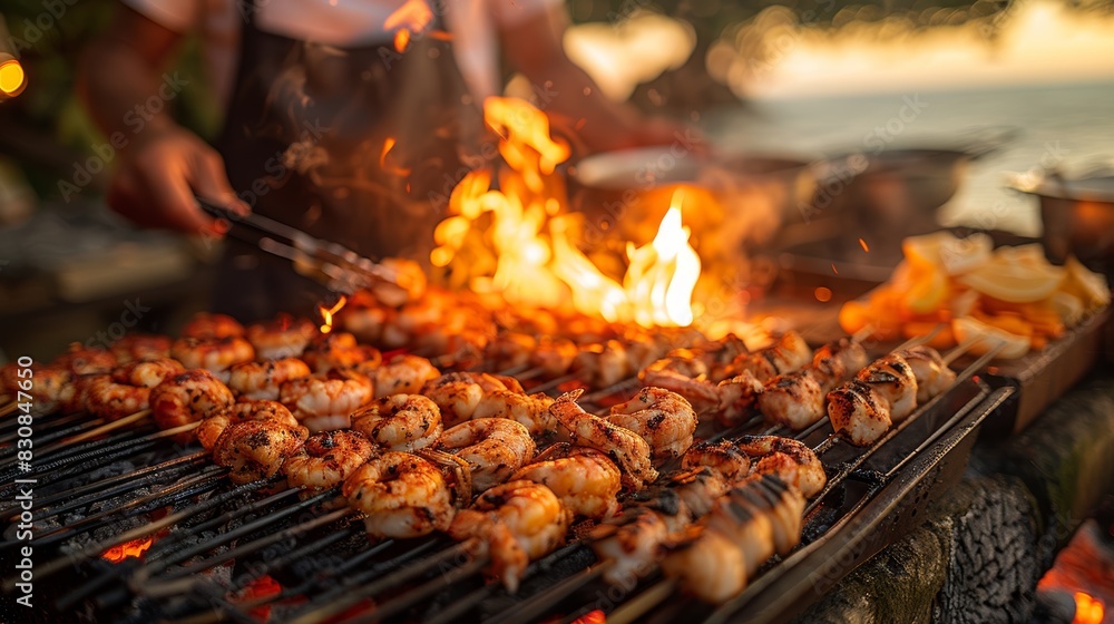 Twilight beach setting where seafood is grilled over open flames, the fire casting a warm glow on the array of seafood, emphasizing the smoky atmosphere and the freshness of the ocean, ai generated