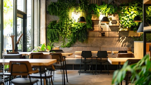 Luxurious modern cafe interior with lush greenery and stylish decor