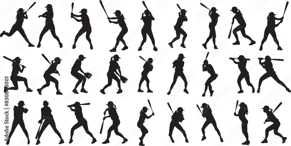 set of silhouettes baseball players in vector silhouettes Set of Baseball player silhouette vector, Softball silhouette collection