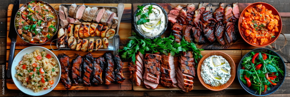 Delicious summer BBQ spread, grilled meats, fresh salads, outdoor table setting, mouthwatering food Delicious summer BBQ spread, grilled meats, fresh salads, outdoor table setting, mouthwatering food