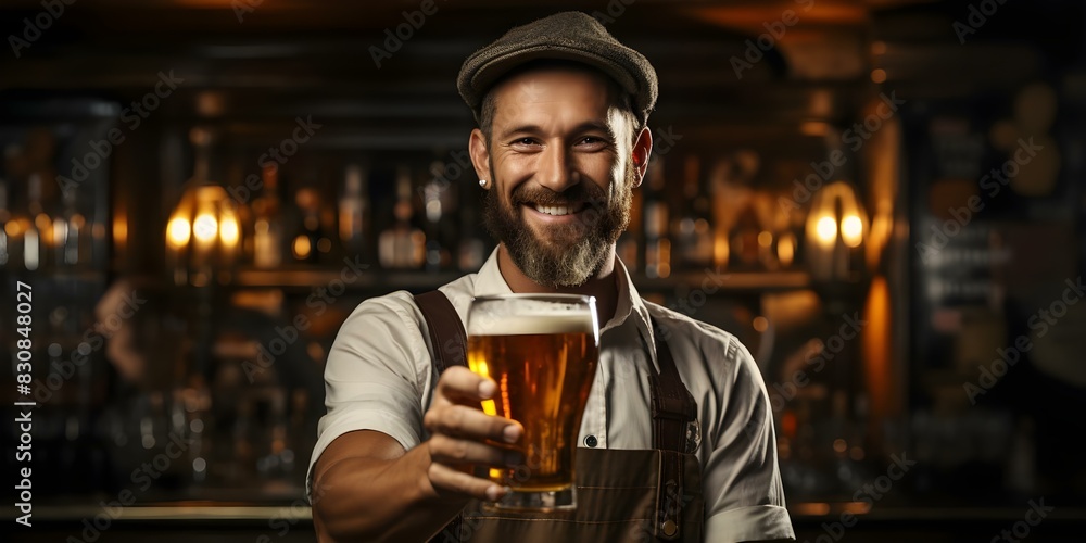 Bartender holding a full glass of beer in a bar. Concept Bar Scene, Bartender, Full Glass of Beer, Cheers, Nightlife Bartender holding a full glass of beer in a bar. Concept Bar Scene, Bartender, Full Glass of Beer, Cheers, Nightlife