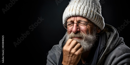 Sick man with a beard and glasses suffering from a runny nose sneezing and wiping his nose with a tissue. Concept Sickness, Runny Nose, Sneezing, Tissue, Discomfort photo