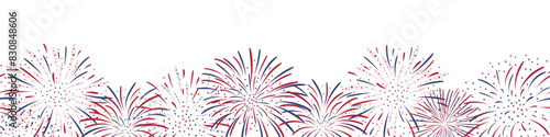 Seamless horizontal Fireworks background  in red, blue and white colours for US Independence Day, Bastille Day, 4th of July. Vector seamless border Isolated on white. For digital paper, cards, banner