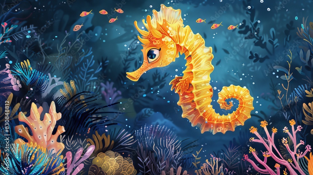 Underwater life. A yellow-orange seahorse swims among the corals. Underwater life. A yellow-orange seahorse swims among the corals.
