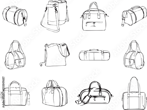 set of bags icons, collection of bags line drawing flat sketch