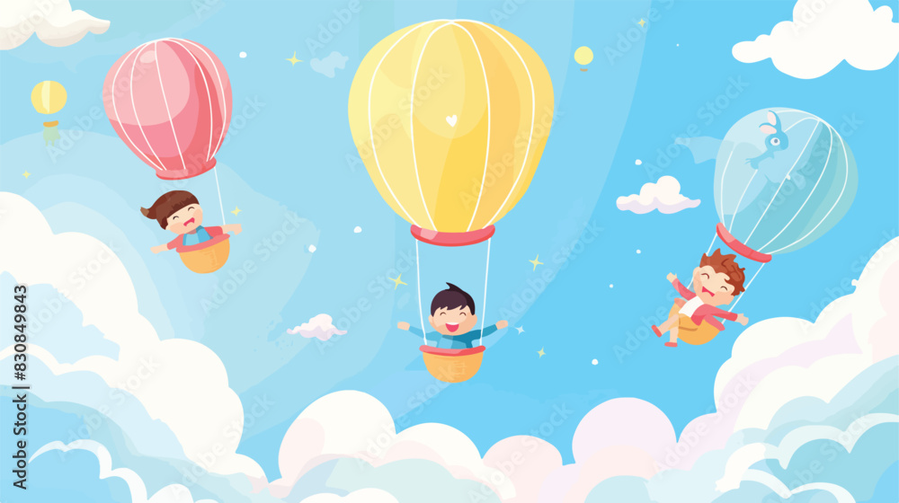 Children on air balloon poster. Boy and girls in blue