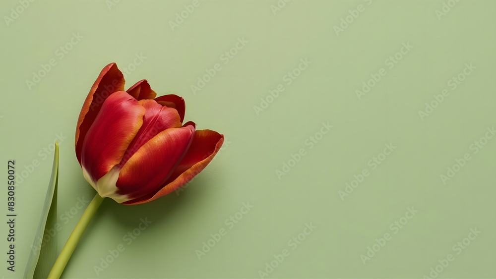 Fototapeta premium A single exquisite red tulip on the left side of a soothing, solid pastel green background creating a harmonious and calming visual experience template