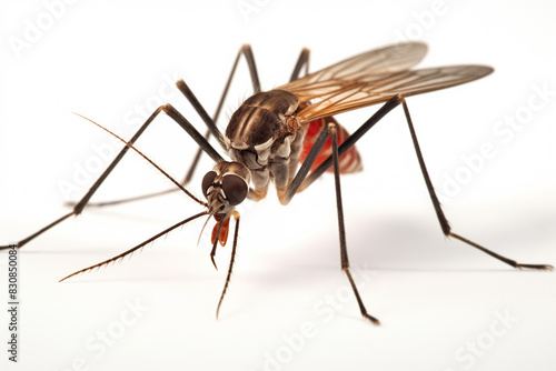 entire mosquito body. A comprehensive model of a macro camera. macro lens with 100mm focal length. Light of day. isolated against a white backdrop. scientific images
