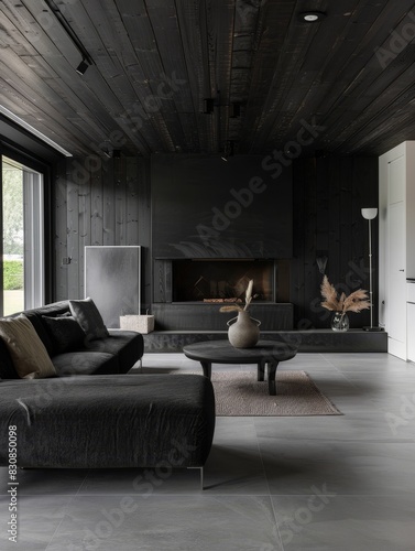 Dark-toned living room featuring a modern fireplace and textured details. The ambiance is warm and inviting.