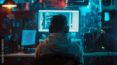 Back view of a hacker with cyber security concept photo