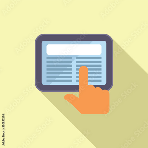 Vector illustration of a hand touching a tablet screen icon with a drop shadow on a light background