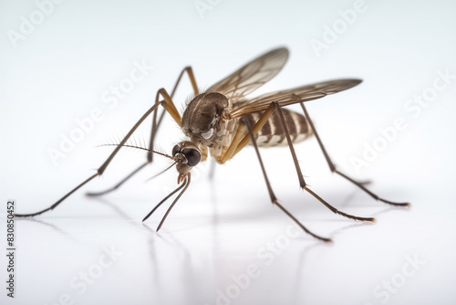 entire mosquito body. A comprehensive model of a macro camera. macro lens with 100mm focal length. Light of day. isolated against a white backdrop. scientific images