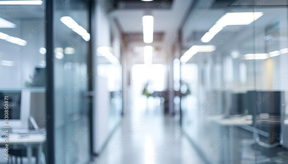 Fototapeta premium Abstract blurred office hall interior and meeting room. Blurry corridor in working space with defocused effect. Use for background or backdrop in business concept