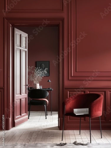 A classic study room framed with deep red walls and vintage textures. Refined elegance meets academic charm.