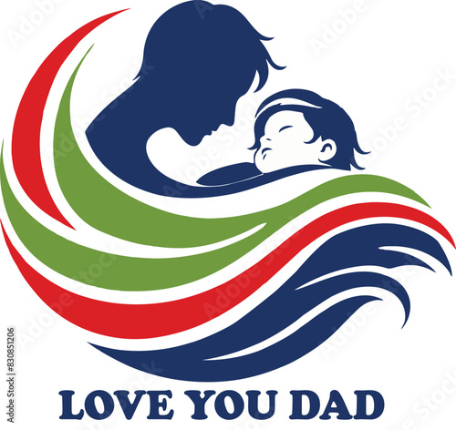 a silhouette-style logo of a child lying on her father's chest with colored waves