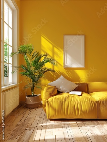 A vibrant yellow sofa corner radiates warmth, accented by a solitary framed artwork and lush greenery.