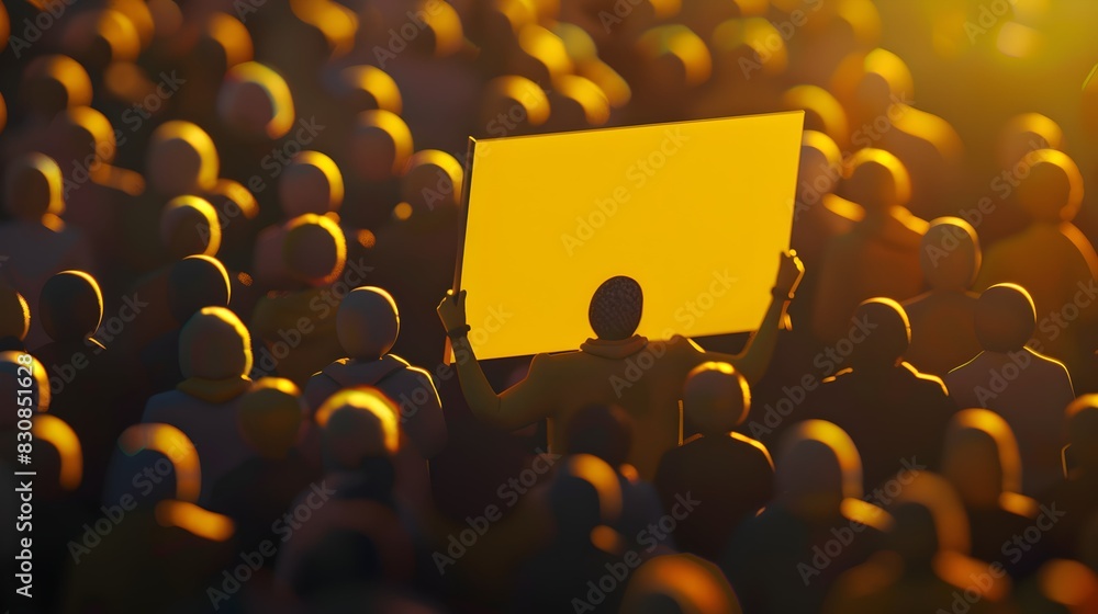 Yellow Figure Raising Blank Banner High in a Crowd, Symbolizing ...