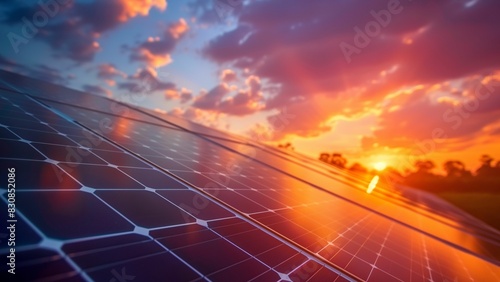solar panel farm in sunset landscape