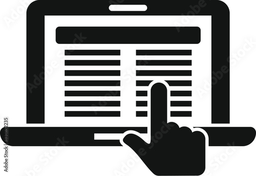 Black icon depicting a hand clicking on an online article on a laptop screen