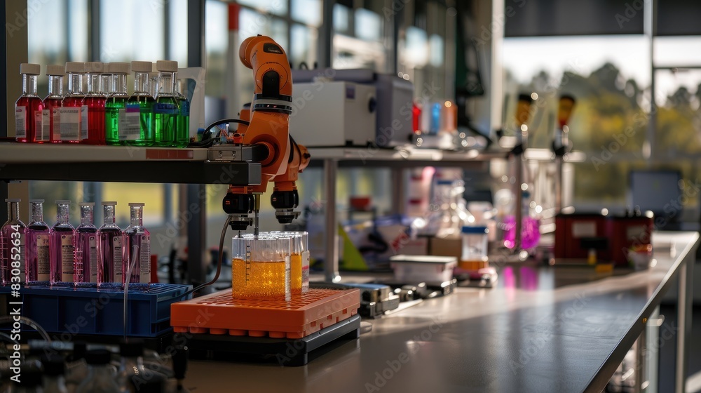 a sophisticated robot seamlessly assists scientists in conducting experiments, using precise measurements and expertly mixing chemicals for analysis with unparalleled accuracy. a sophisticated robot seamlessly assists scientists in conducting experiments, using precise measurements and expertly mixing chemicals for analysis with unparalleled accuracy.
