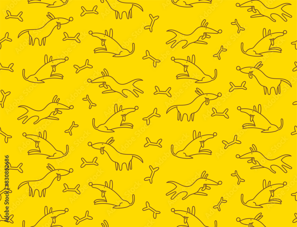 Fototapeta premium Doodle pattern of dogs and bones on yellow background