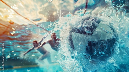 Water Polo Ball caught mid-air during pass, selective focus, teamwork, ethereal, Double exposure, sports arena backdrop