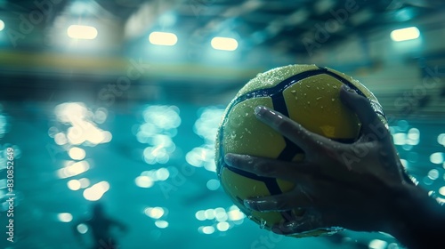 Water Polo Ball in the hands of a player, close up, grip strength, futuristic, Fusion, training center backdrop