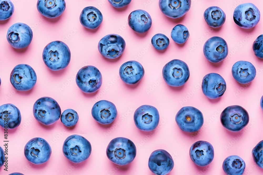 pattern of blueberries on pastel pink background, flat lay pattern of blueberries on pastel pink background, flat lay