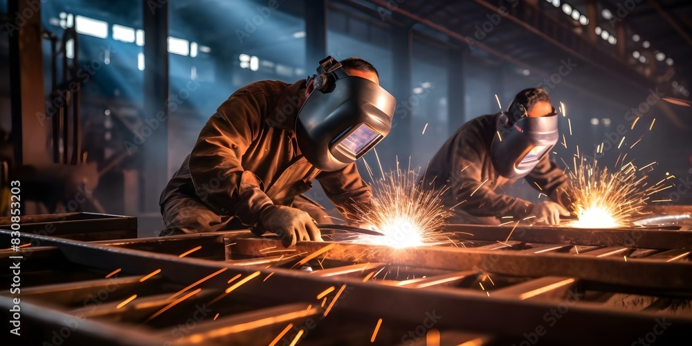 Factory workers use arc welding techniques to perform welding tasks efficiently. Concept Manufacturing, Arc Welding, Welding Techniques, Efficiency, Factory Workers Factory workers use arc welding techniques to perform welding tasks efficiently. Concept Manufacturing, Arc Welding, Welding Techniques, Efficiency, Factory Workers