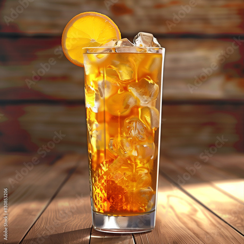 A tall glass of sweet tea with ice cubes and an orange slice, placed on a wooden table. The background is blurred to highlight details of the drink. Soft lighting highlights the texture of the surface