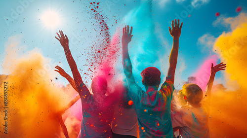 People joyfully throwing colored powder in the air during a festive celebration.

