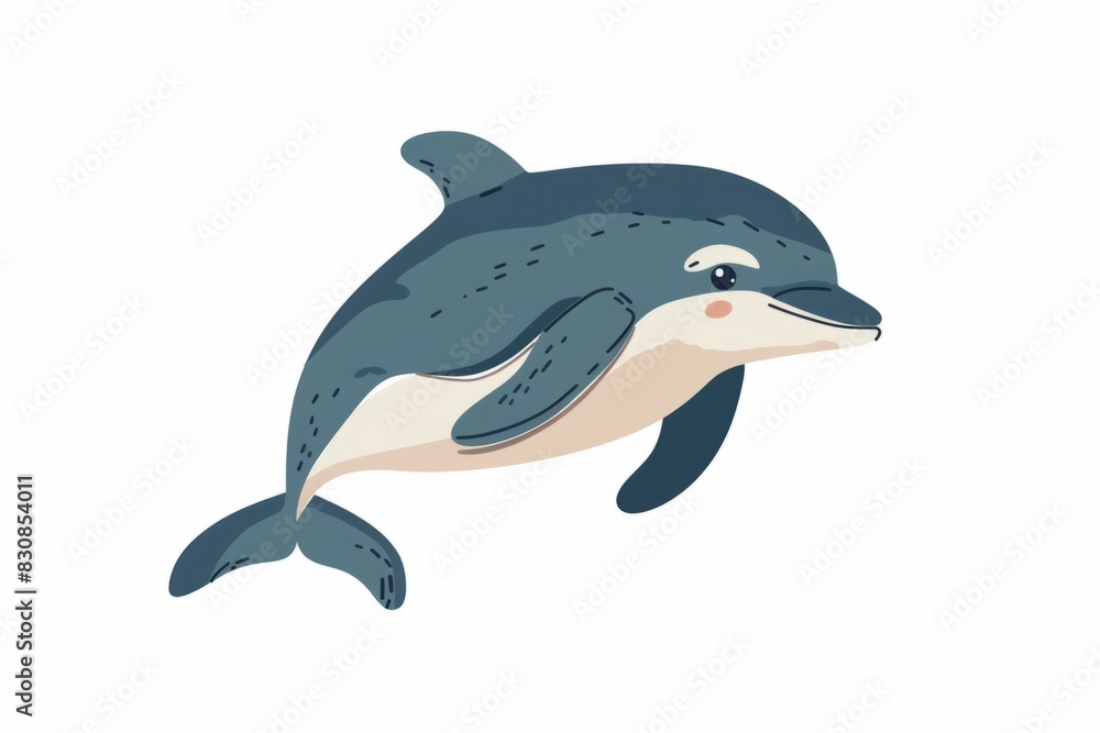 Fototapeta premium Cute Cartoon Dolphin Swimming Adorable Childrens Illustration of a Happy Marine Animal. Dolphin Day