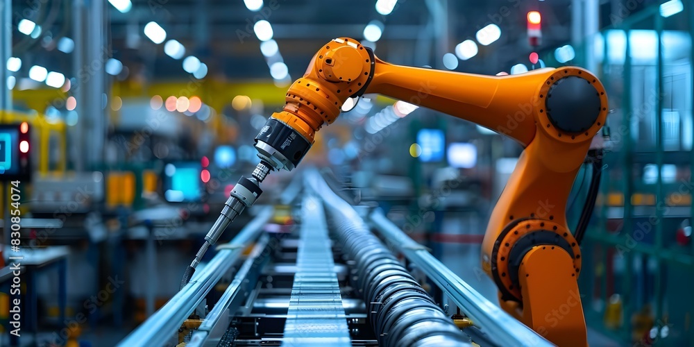 Robotic arm in modern factory showcasing advanced automation technology in industrial manufacturing process. Concept Automation Technology, Industrial Manufacturing, Modern Factory, Robotic Arm Robotic arm in modern factory showcasing advanced automation technology in industrial manufacturing process. Concept Automation Technology, Industrial Manufacturing, Modern Factory, Robotic Arm
