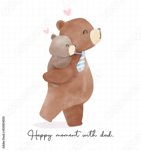 Fathers day bear watercolor baby cup on daddy bear back Heartwarming moment Cartoon Illustration