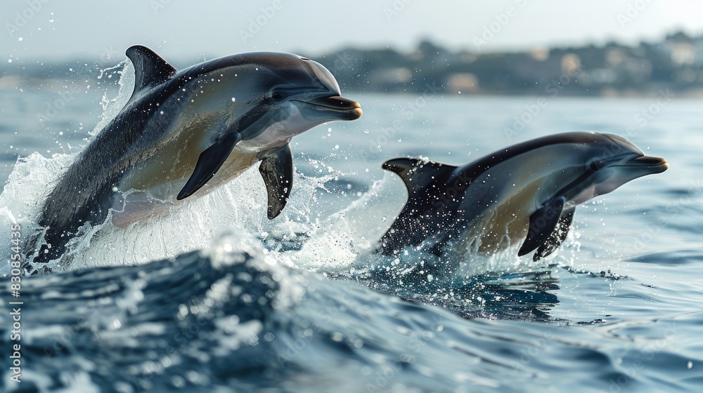 Pair of Dolphins Leaping in Ocean Waves Near Scenic Coastline. Dolphin Day