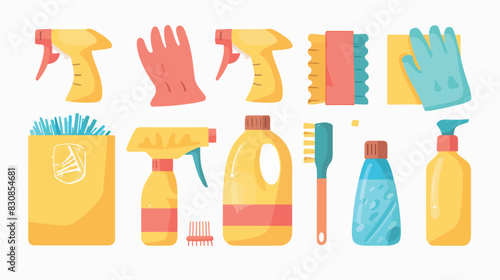 Cleaning toolsspray bottle rubber gloves brush paper